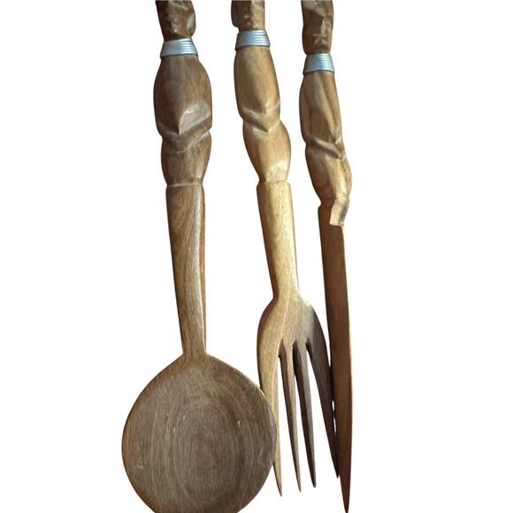 Kenya Hand-Carved Wood Utensils • Knife, Fork & Spoon • Vintage African 8" - Picture 8 of 8